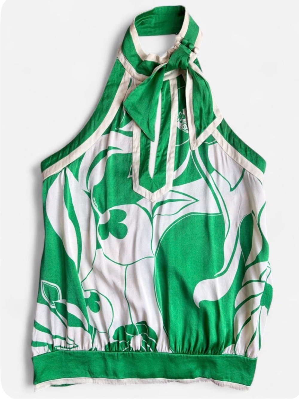 Y2K Bebe Green Floral Silk Halter Top XS